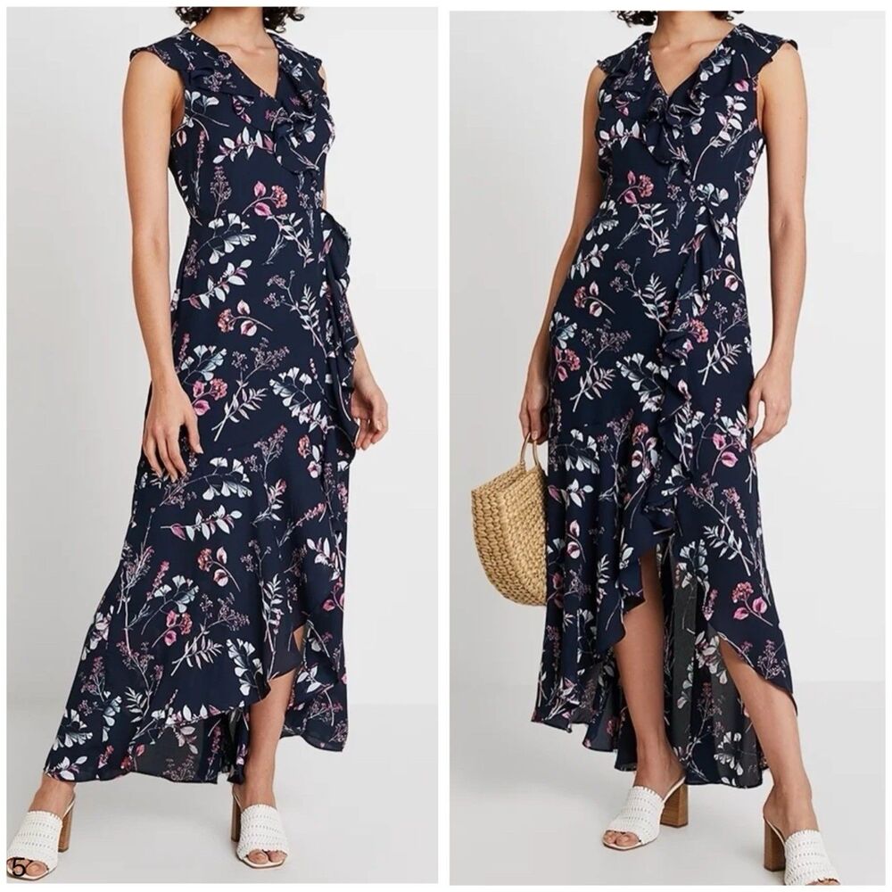 Banana Republic Maxi Dress 12 Blue Floral Chiffon Ruffle Wedding Guest Cocktail